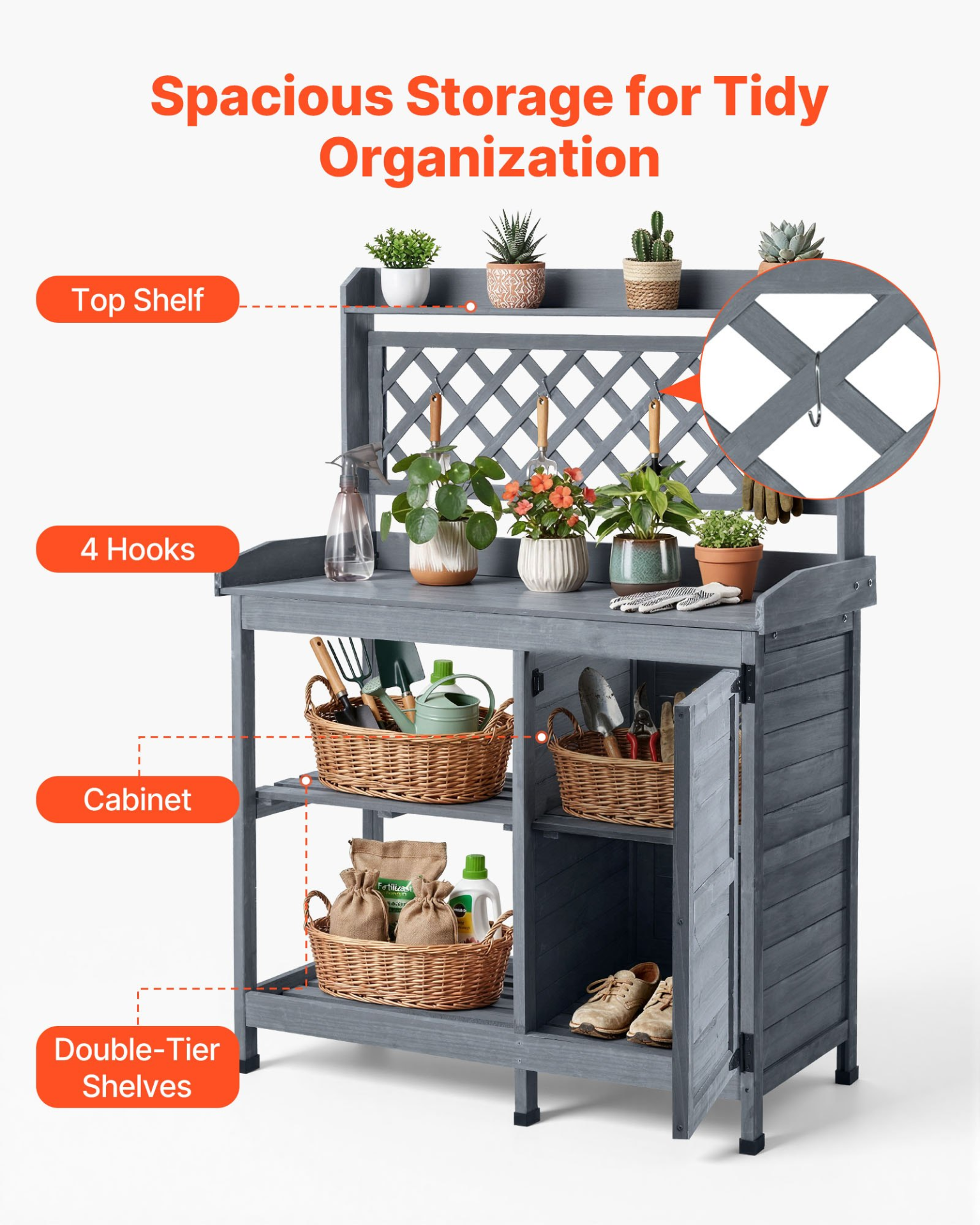 Start2Finish VEVOR outdoor gardening potting bench with wooden tabletop, storage cabinet and shelves for patio and backyard use