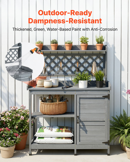 Start2Finish VEVOR outdoor gardening potting bench with wooden tabletop, storage cabinet, and shelves for patio or backyard gardening.
