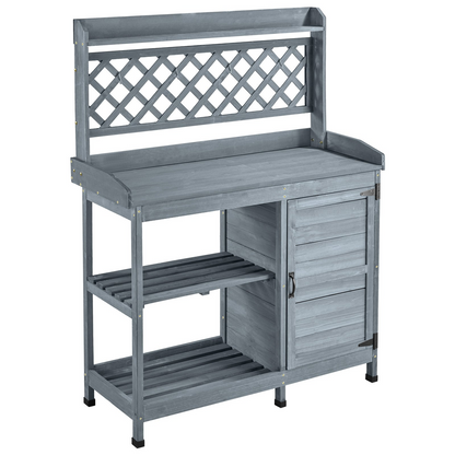 Start2Finish VEVOR outdoor garden potting bench with wooden tabletop, storage cabinet, and shelves for patio or backyard gardening.