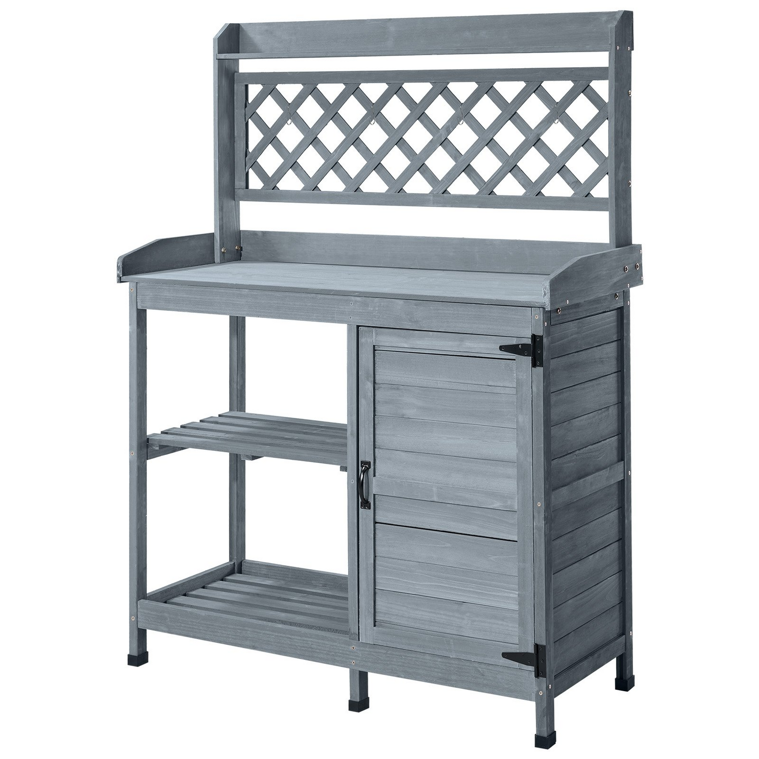 Start2Finish VEVOR outdoor garden potting bench with wooden tabletop, storage cabinet, and shelves in gray for patio or backyard gardening.