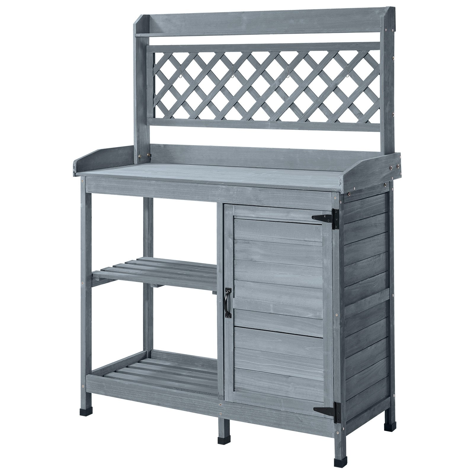 Start2Finish VEVOR outdoor garden potting bench with wooden tabletop, storage cabinet, and shelves in gray for patio or backyard gardening.