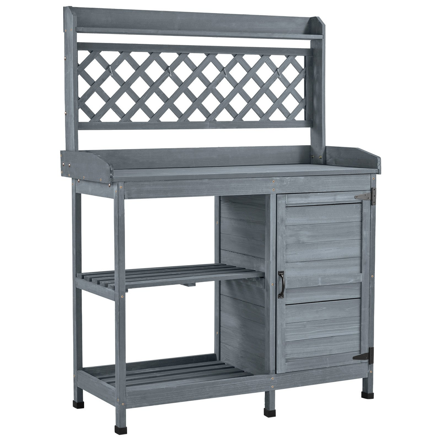 Start2Finish VEVOR outdoor garden potting bench with wooden tabletop, storage cabinet, and shelves for patio or backyard gardening.