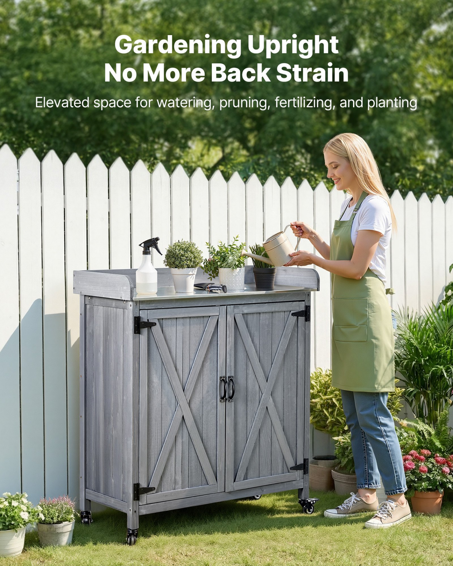 Start2Finish VEVOR outdoor potting bench with wooden storage cabinet, galvanized tabletop, large storage space, and four casters in gray.