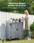 Start2Finish VEVOR outdoor potting bench with wooden storage cabinet, galvanized tabletop, large storage space, and four casters in gray.