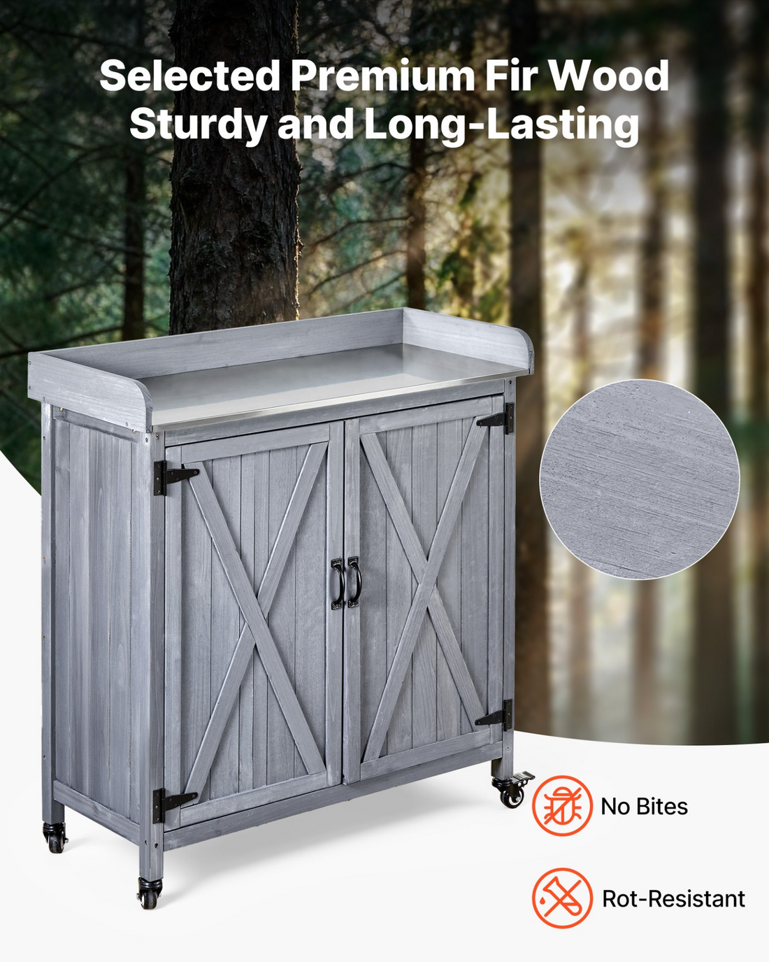 Start2Finish VEVOR outdoor potting bench with galvanized iron tabletop, wooden storage cabinet, large storage, four casters, gray.