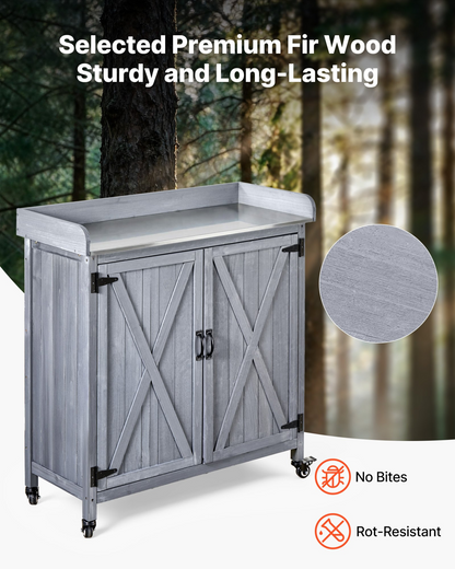 Start2Finish VEVOR outdoor potting bench with galvanized iron tabletop, wooden storage cabinet, large storage, four casters, gray.