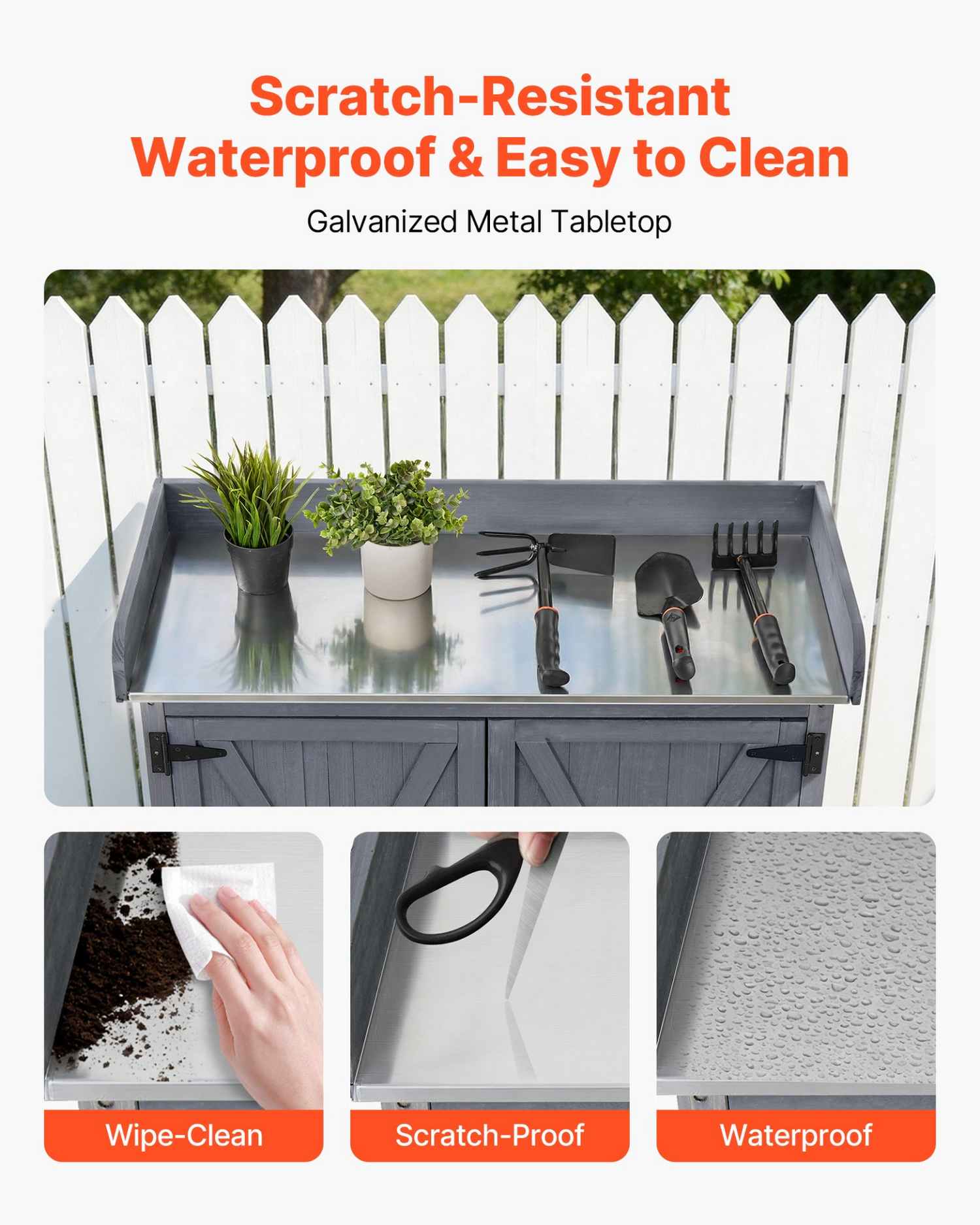Start2Finish VEVOR outdoor gardening potting bench with galvanized iron tabletop, wooden storage cabinet, and four casters in gray.