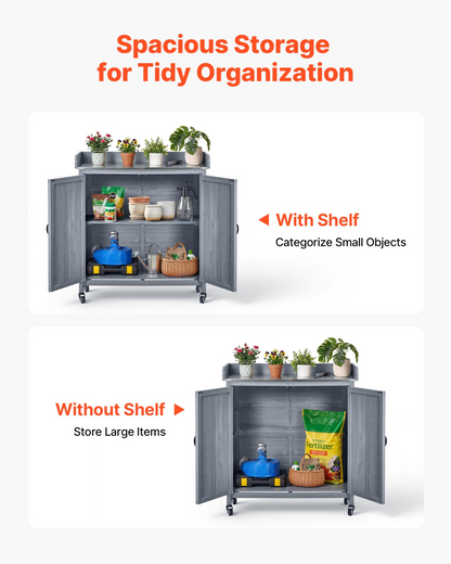 Start2Finish VEVOR outdoor potting bench with wooden storage cabinet, galvanized iron tabletop, large storage, and four casters in gray.
