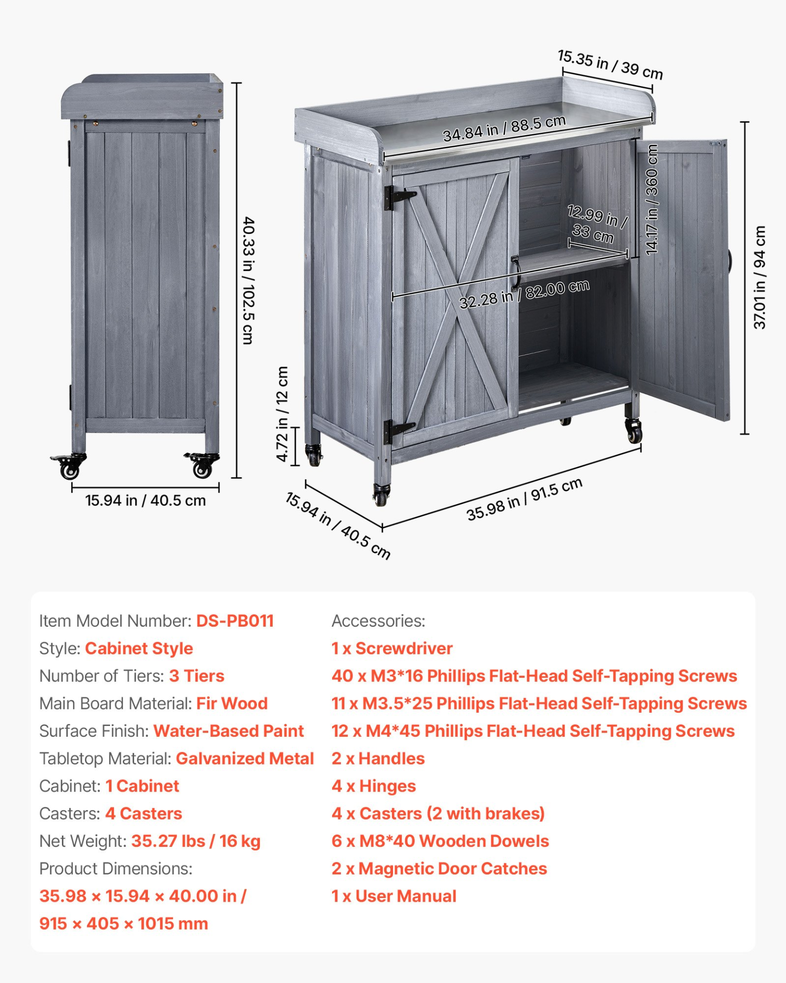 Start2Finish VEVOR outdoor potting bench with wooden storage cabinet, galvanized iron tabletop, large storage, and four casters in gray.