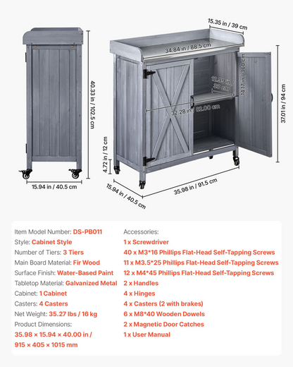 Start2Finish VEVOR outdoor potting bench with wooden storage cabinet, galvanized iron tabletop, large storage, and four casters in gray.