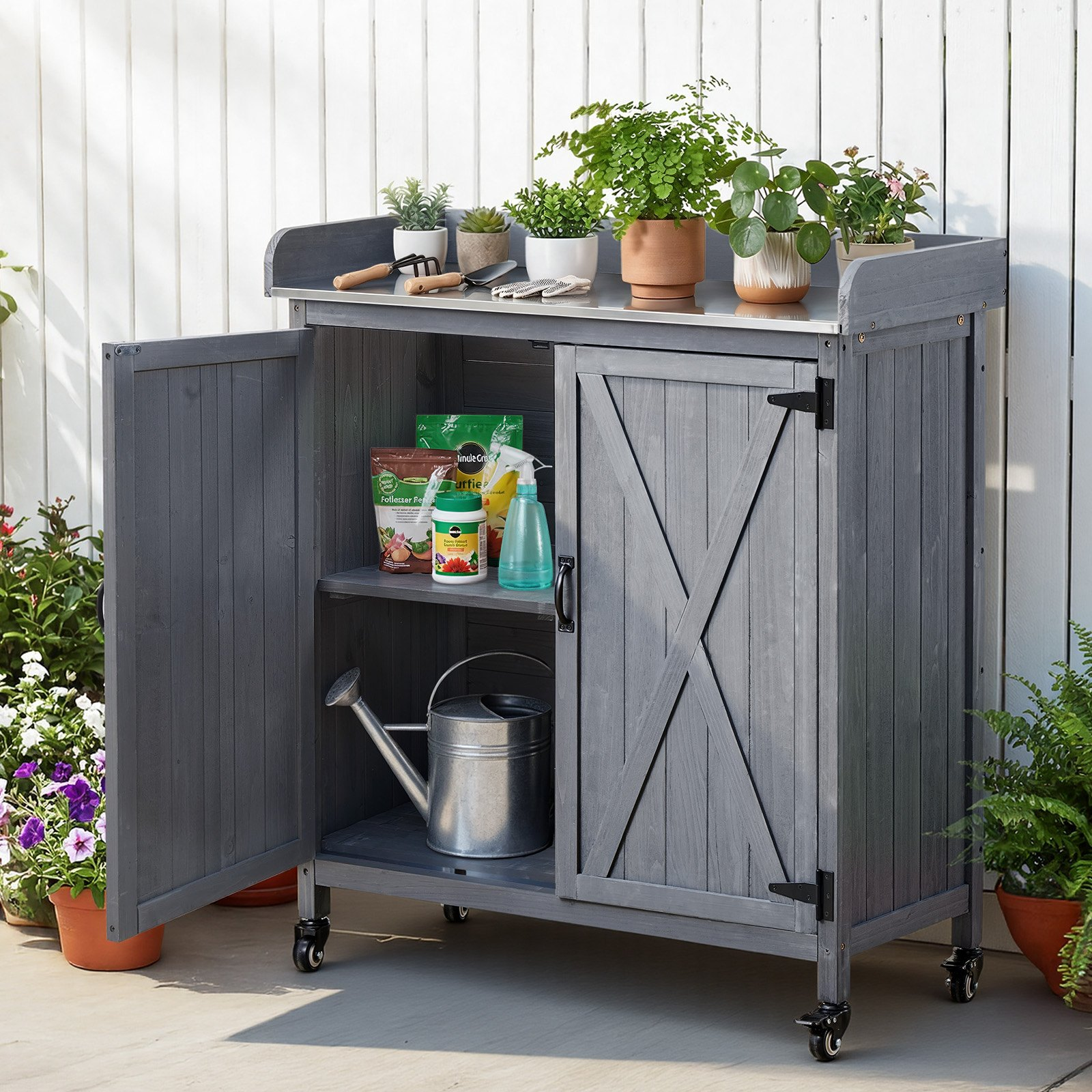 Start2Finish VEVOR outdoor potting bench with wooden storage cabinet, galvanized iron tabletop, large storage, and four casters.