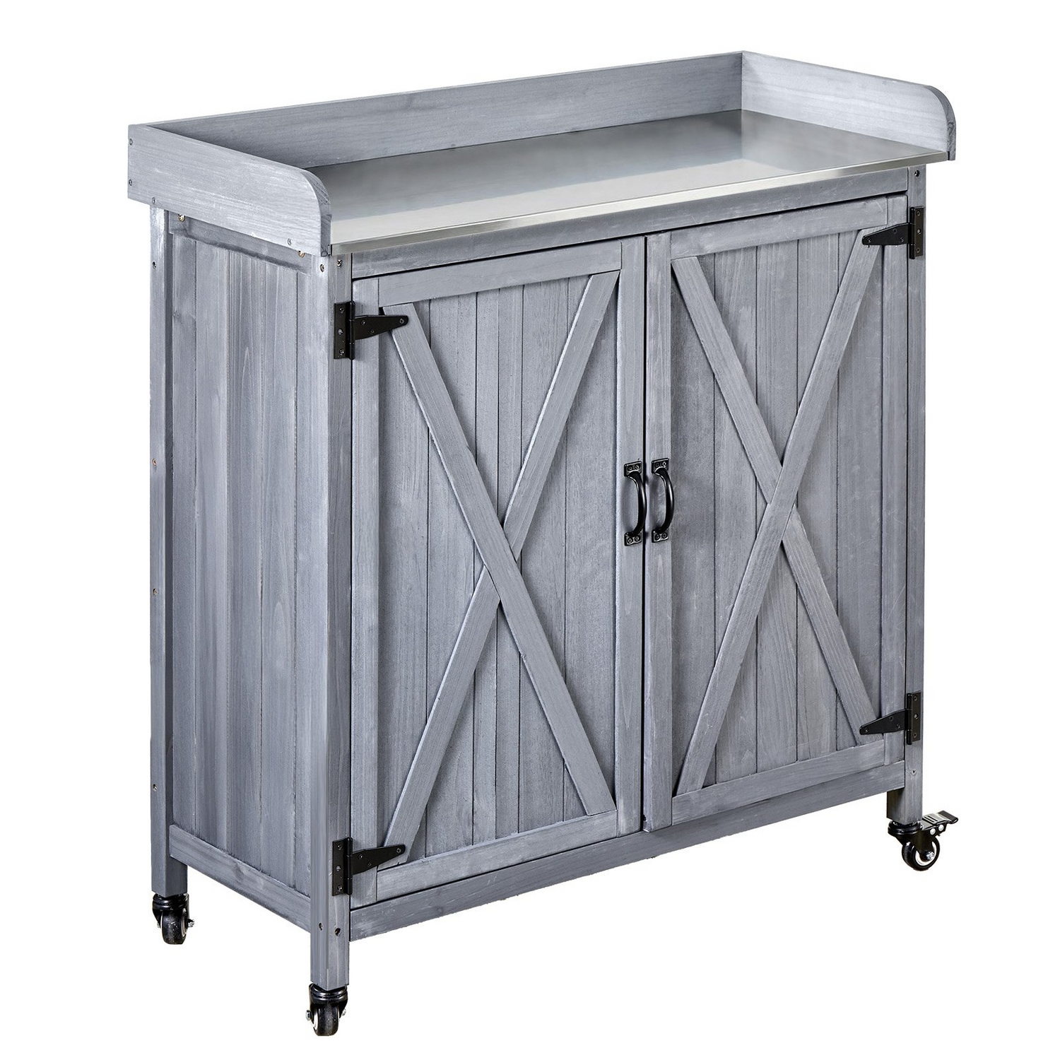 Start2Finish VEVOR outdoor potting bench with wooden storage cabinet, galvanized iron tabletop, large storage, and four casters.