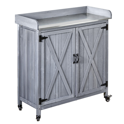 Start2Finish VEVOR outdoor potting bench with wooden storage cabinet, galvanized iron tabletop, large storage, and four casters.