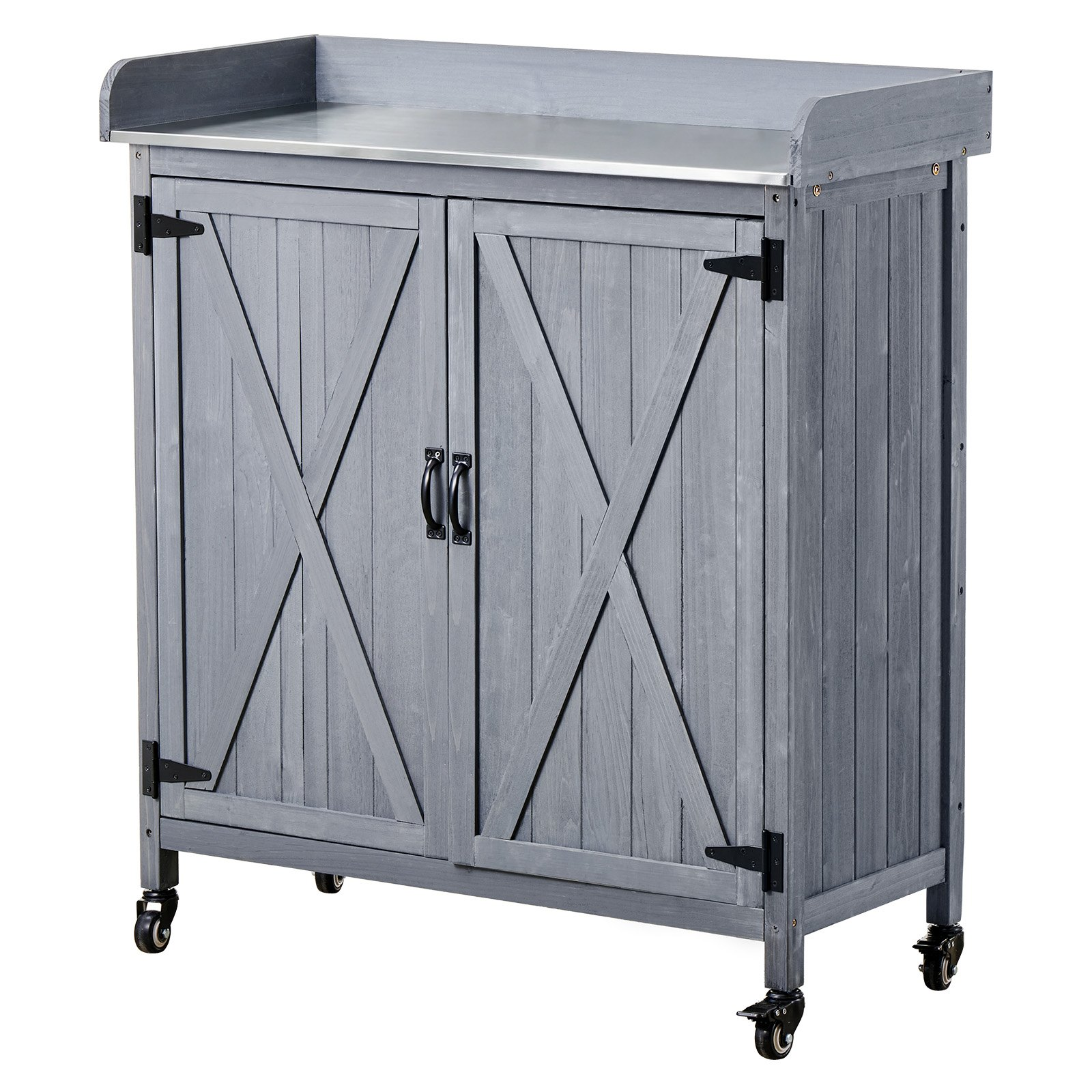 Start2Finish VEVOR outdoor potting bench with wooden storage, galvanized iron tabletop, large storage, and four casters for patio gardening.