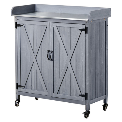 Start2Finish VEVOR outdoor potting bench with wooden storage, galvanized iron tabletop, large storage, and four casters for patio gardening.