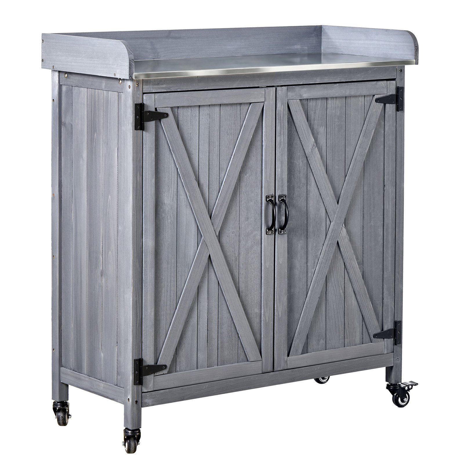 Start2Finish VEVOR outdoor potting bench with wooden storage cabinet, galvanized iron tabletop, large storage, and four casters for patio.