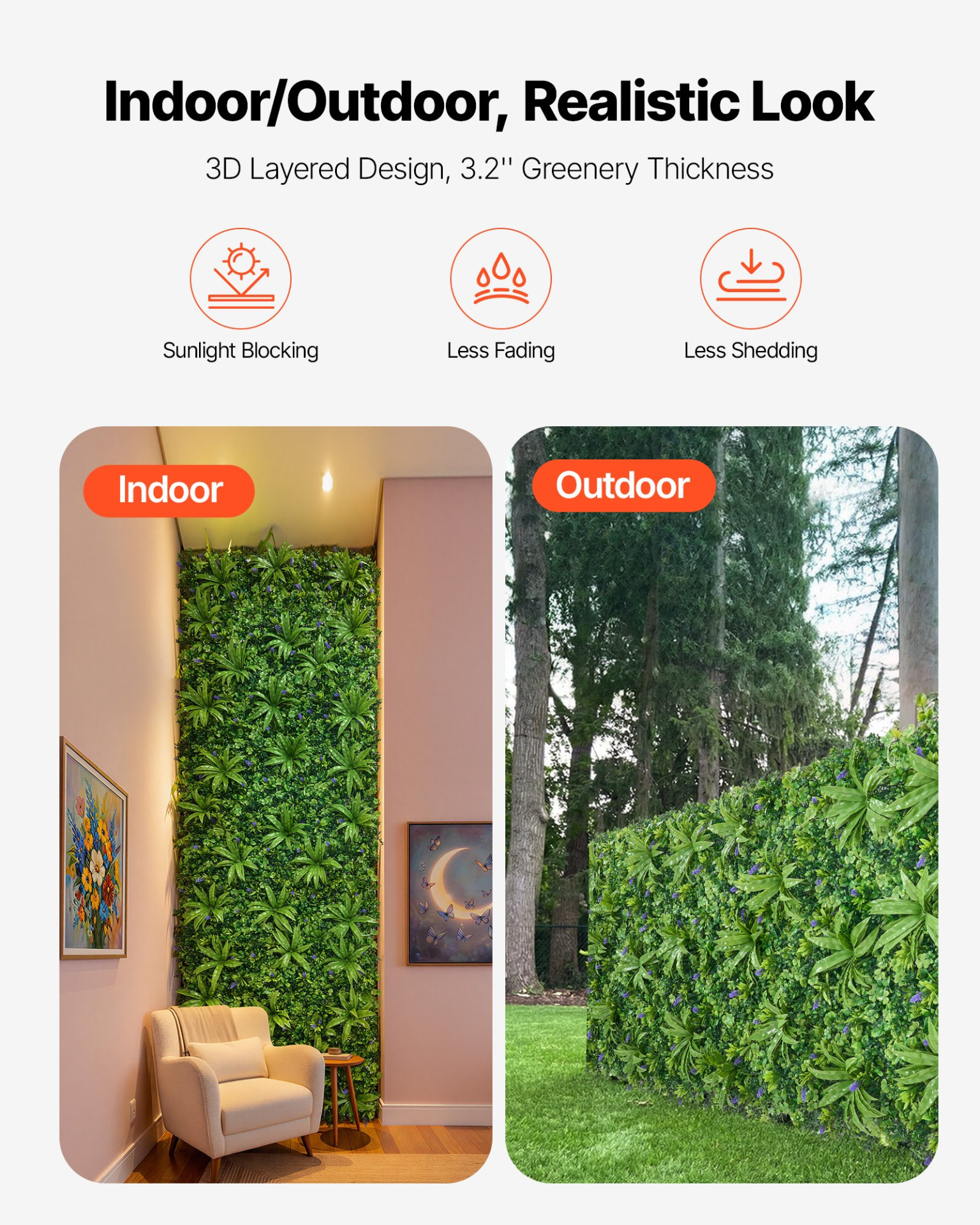 Artificial VEVOR boxwood plant wall panel, 40x120 inches, with lush green fake grass, ideal for garden, outdoor, or wedding privacy fencing.