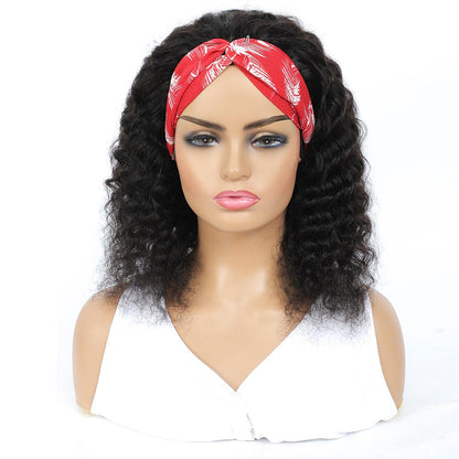 Deep wave human hair headband wig by Cerise Alfie, easy to wear, no glue, featuring a stylish bath and beauty scarf design.