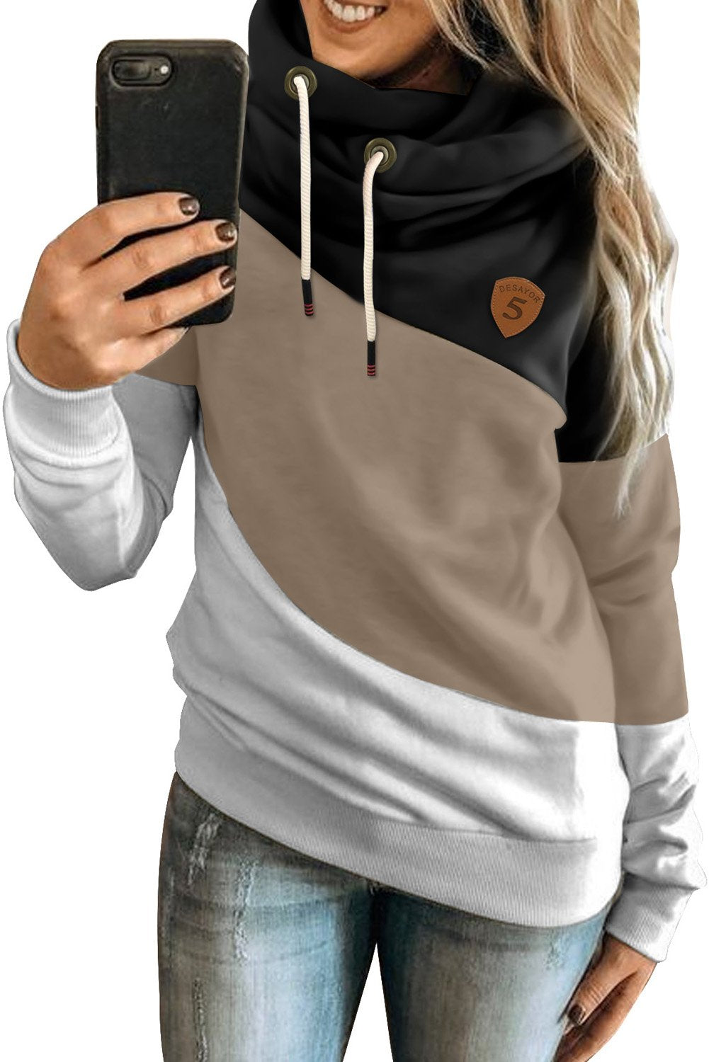 Multicolor colorblock cowl neck pullover hoodie for women by Jade, featuring a cozy design and vibrant color accents.