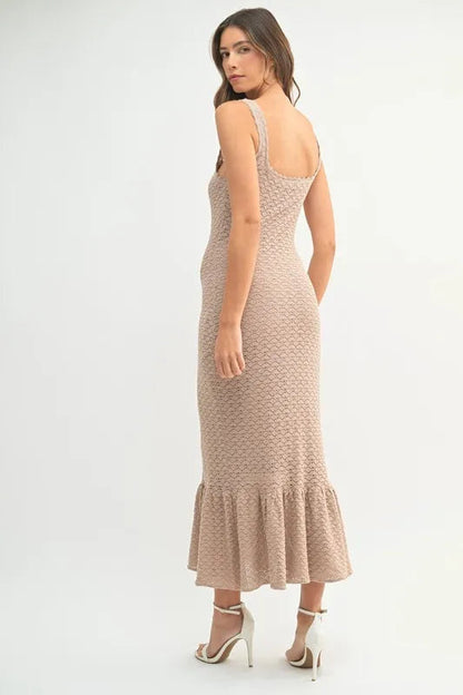 Pear Daisy ruffled hem sleeveless crochet knit midi dress, ideal for home and garden, featuring a stylish and breathable design.
