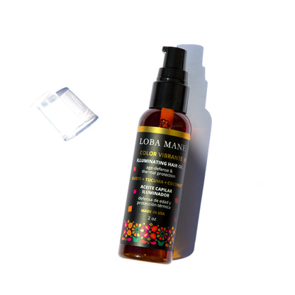 Ivory Pandora Illuminating Oil for hair, showing a sleek bottle with the product label and a shiny, smooth hair strand.