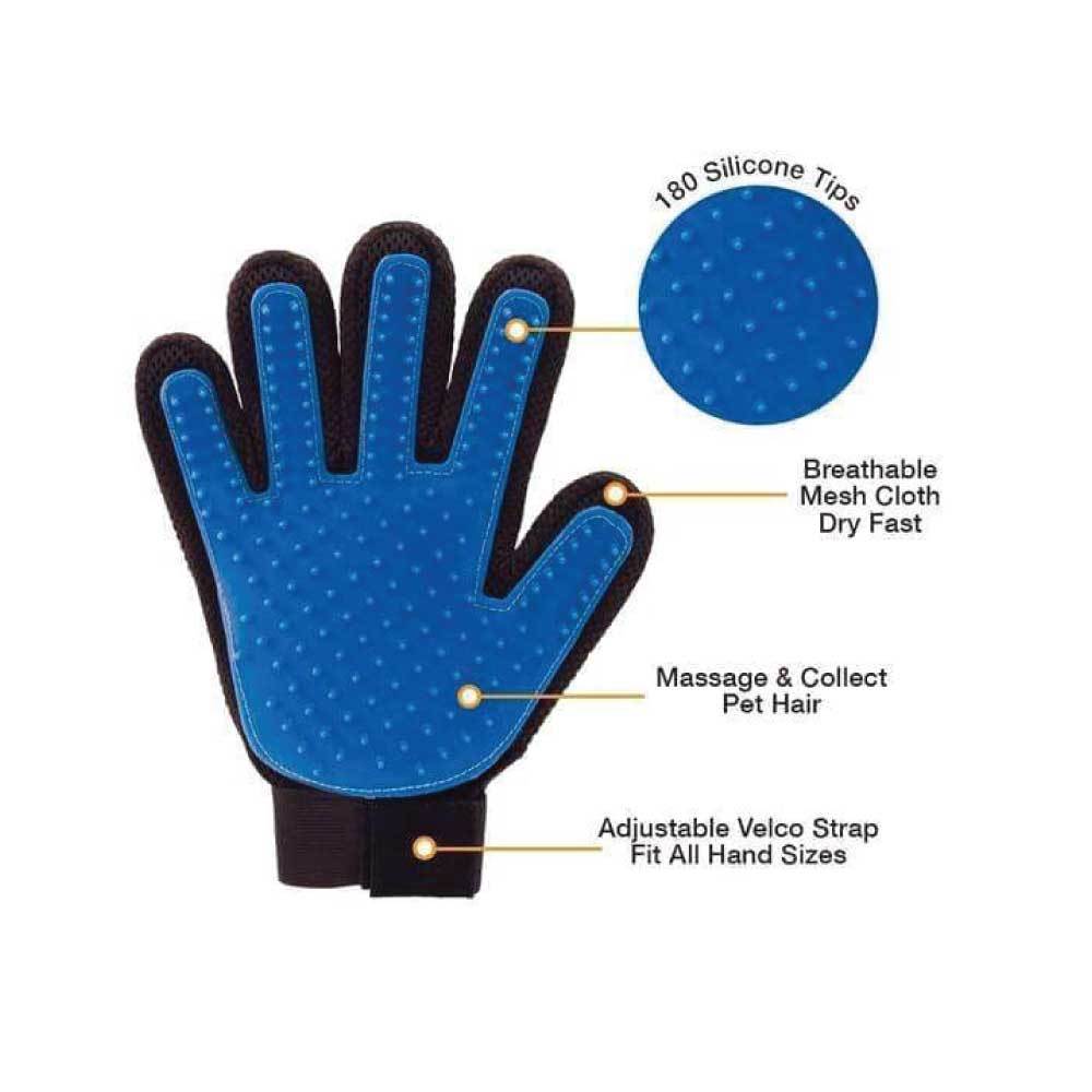 Ozdingo 2-in-1 pet grooming glove with deshedding and massage features for dogs and cats, shown on a right hand mitt.