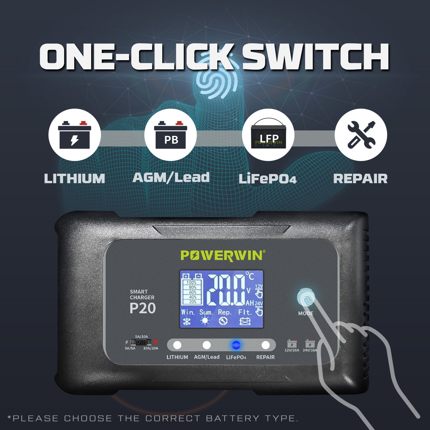 Indigo Icarus Powerwin P20 12V/24V 20A automatic car battery charger with digital display and connection cables.