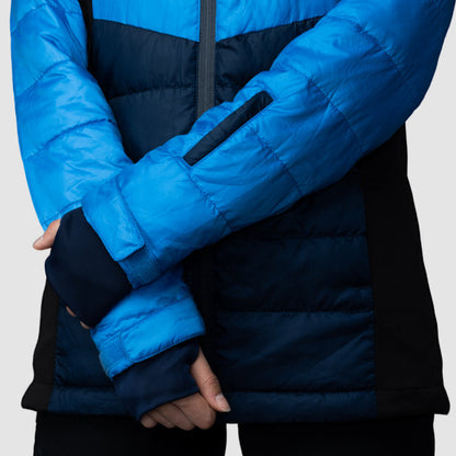 Women’s blue EcoDown jacket by Rose Hemera, activewear style, featuring a lightweight, insulated design for outdoor activities.
