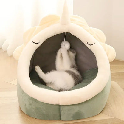 Yellow Pandora dinosaur pet house with toy, cozy bed for small pets, featuring a colorful dinosaur design and soft fabric.