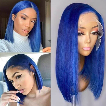 Electric blue Bob 13x4 lace front wig made of custom colored human hair from Elite Crown Hair, showing the vibrant hairstyle.