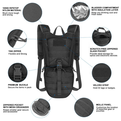 Indigo Eurybia tactical hydration backpack with 2.5L bladder, thermal insulation, adjustable straps, and multiple storage compartments.