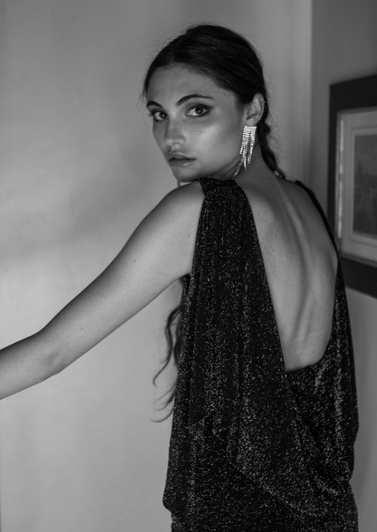 Black cowl back gown by Blush Athena, elegant evening dress with draped cowl neckline and flowing silhouette.