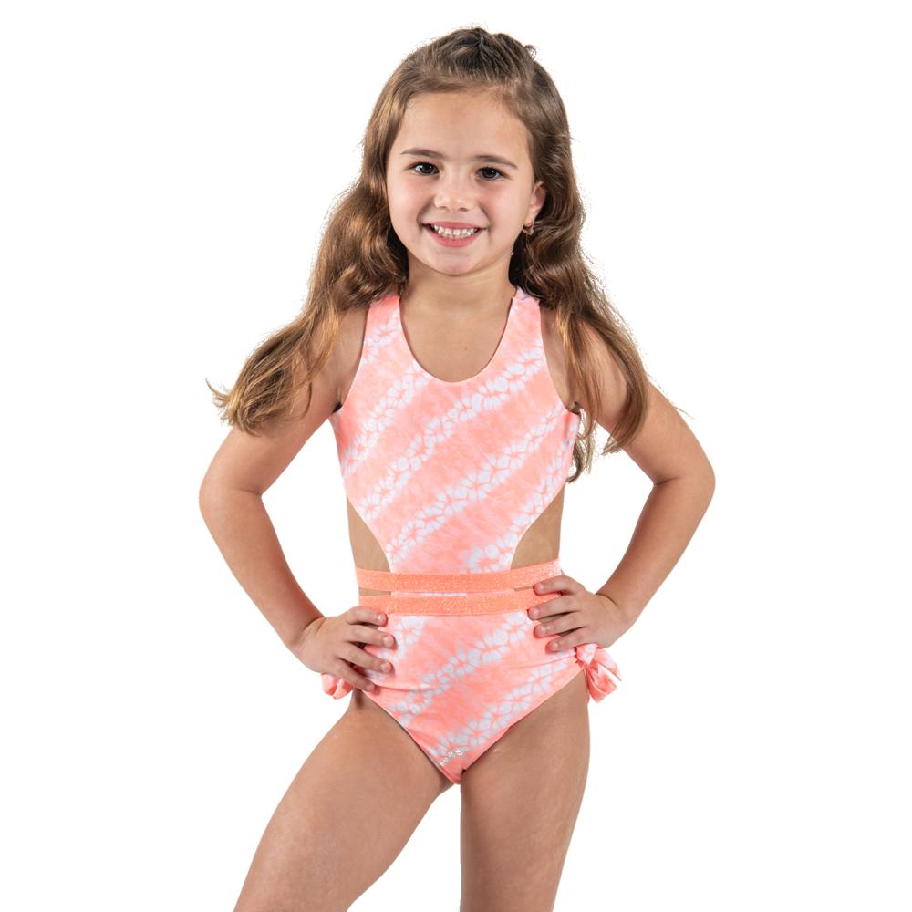 Bright orange tie-dye trikini for kids from Bronze Tartarus, featuring colorful swimwear suitable for young children.
