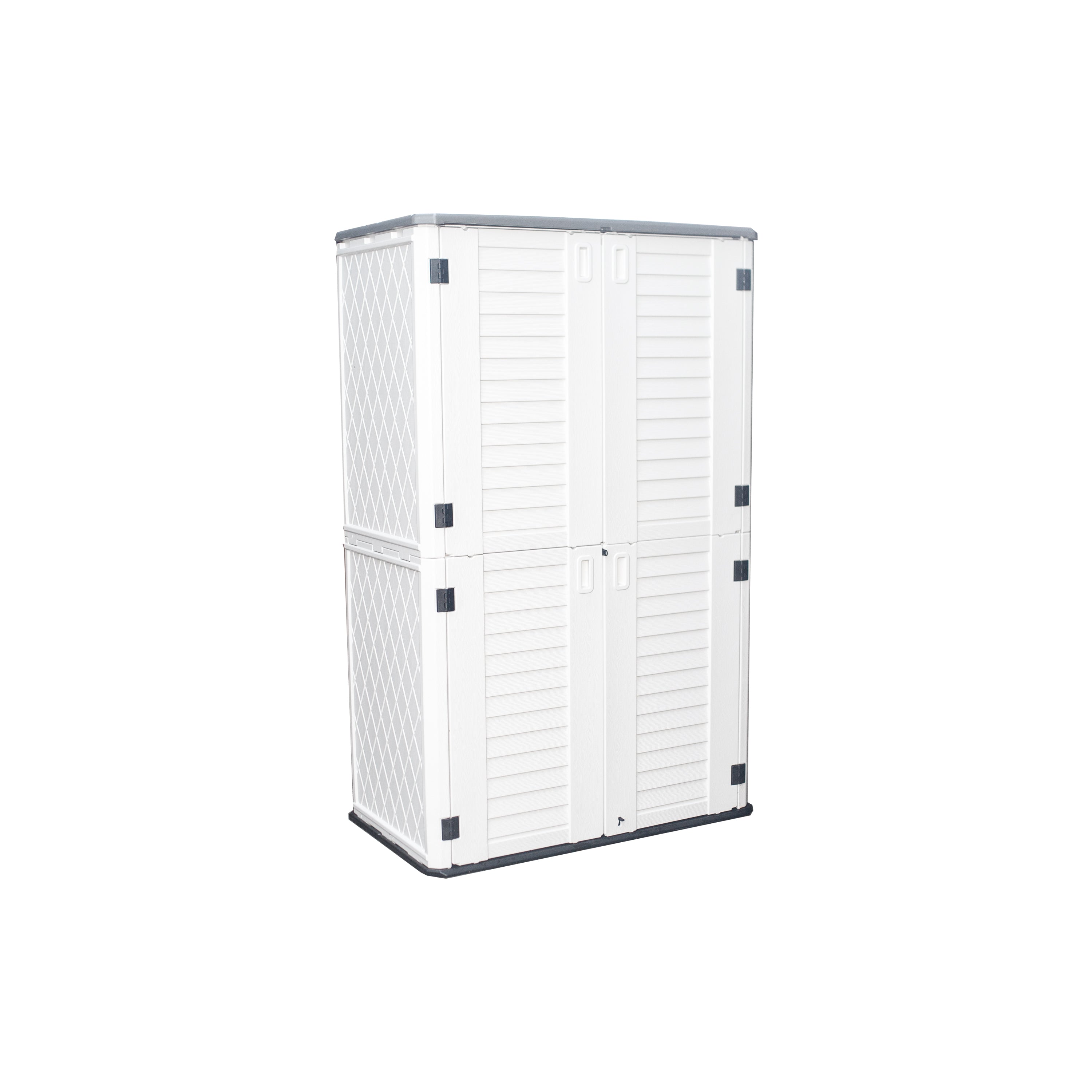 Emerald Thanatos Horti Cubic 66 cu. ft. outdoor vertical storage shed for garden organization and outdoor equipment storage.