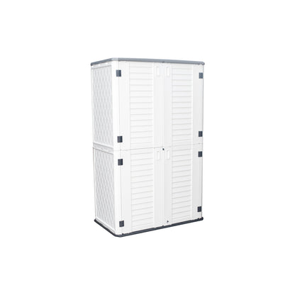 Emerald Thanatos Horti Cubic 66 cu. ft. outdoor vertical storage shed for garden organization and outdoor equipment storage.