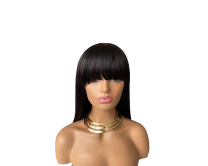 Cerise Alfie straight Brazilian human hair wig with bangs, full machine-made, showcasing smooth, natural-looking hair and styled bangs.