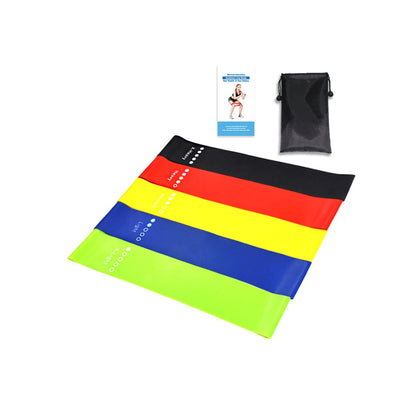 Set of five Salmon Lucky latex exercise bands in various colors, flexible and durable for strength training and fitness workouts.
