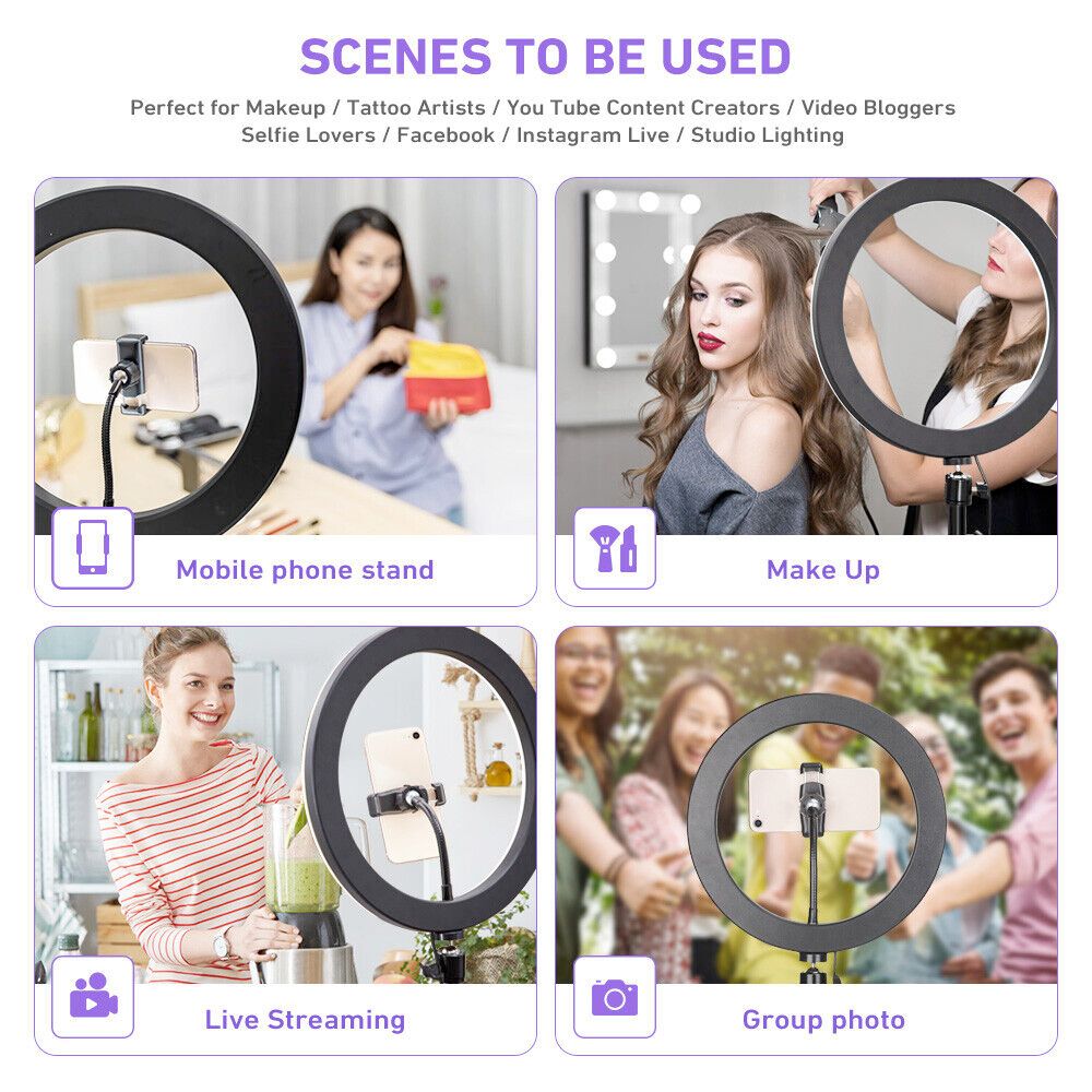 Yellow Pandora 10-inch LED ring light with phone tripod stand, ideal for mobile and laptop photography or video recording.