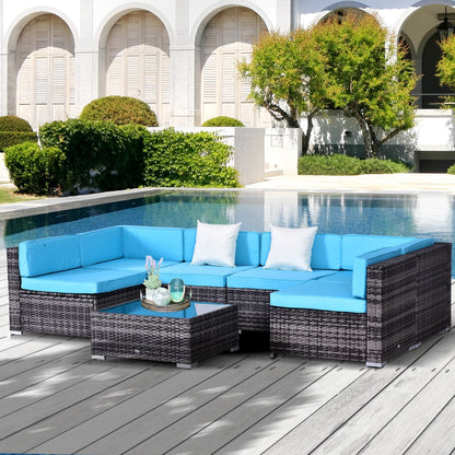 Outsunny 7-piece outdoor rattan sofa set with taupe cushions, including chairs and a coffee table for patio outdoor furniture.