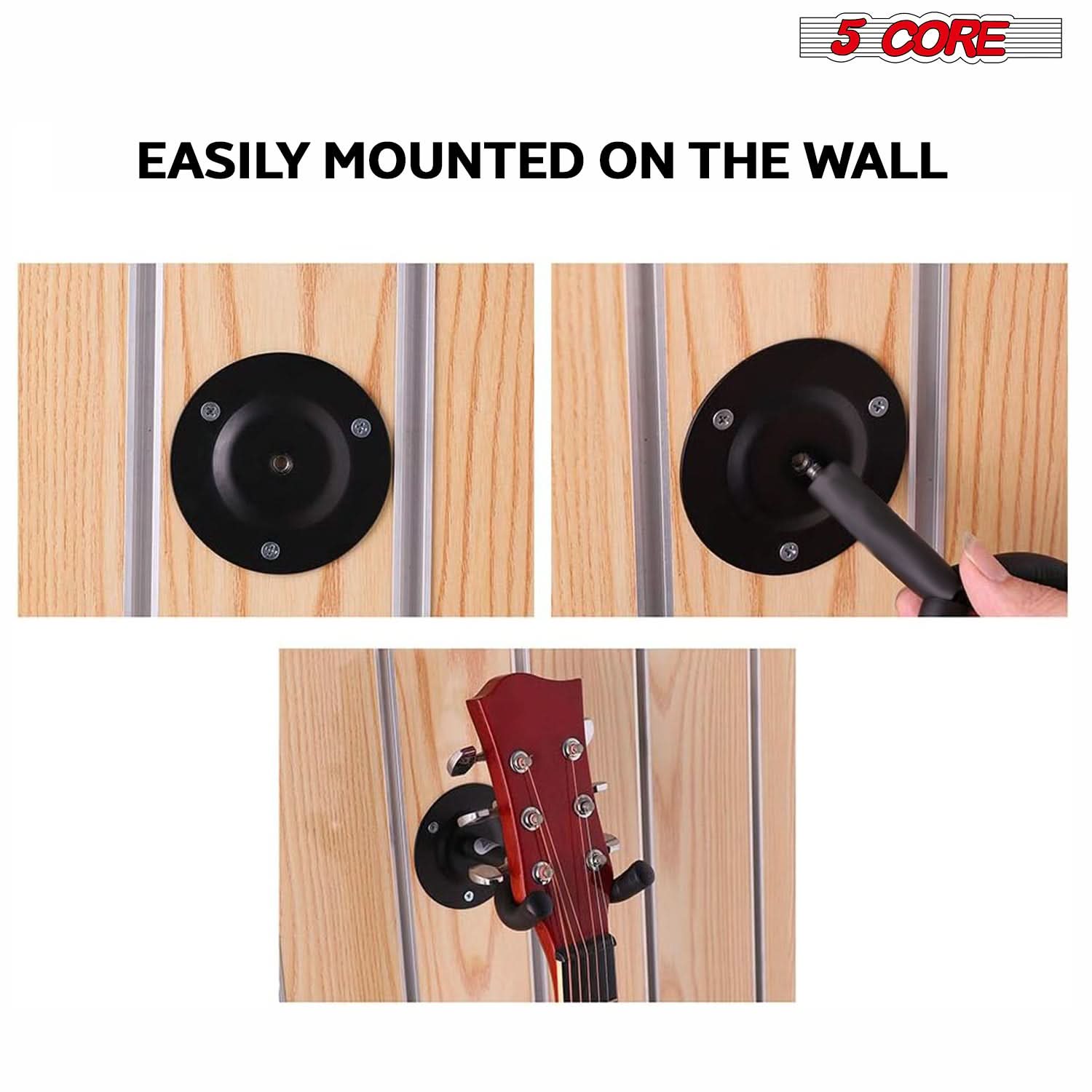 Violet Rose 5-core guitar wall mount hanger displaying an acoustic guitar on a black wall hook for easy storage and display.