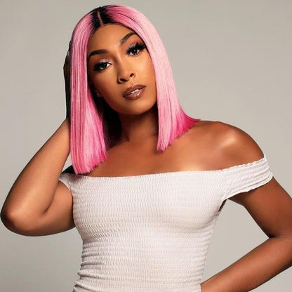 Vibrant pink bob 13x4 lace front wig by Elite Crown Hair, featuring custom-colored human hair with natural texture and style.