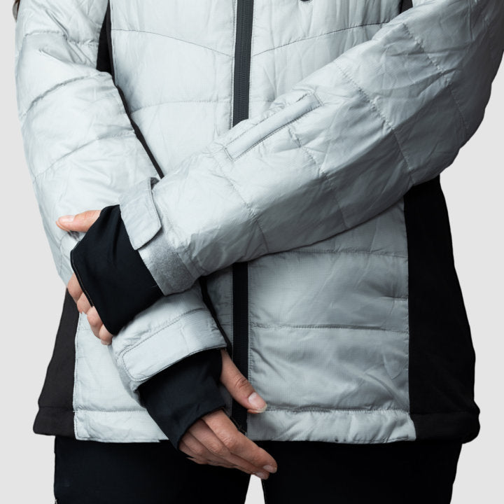 Gray EcoDown activewear jacket for women by Rose Hemera, showcasing the lightweight, insulated design with a sleek, modern fit.