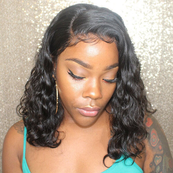 Elegant natural wave bob lace front wig by Peach Epimetheus featuring 13x4 lace and natural human hair for a stylish look.