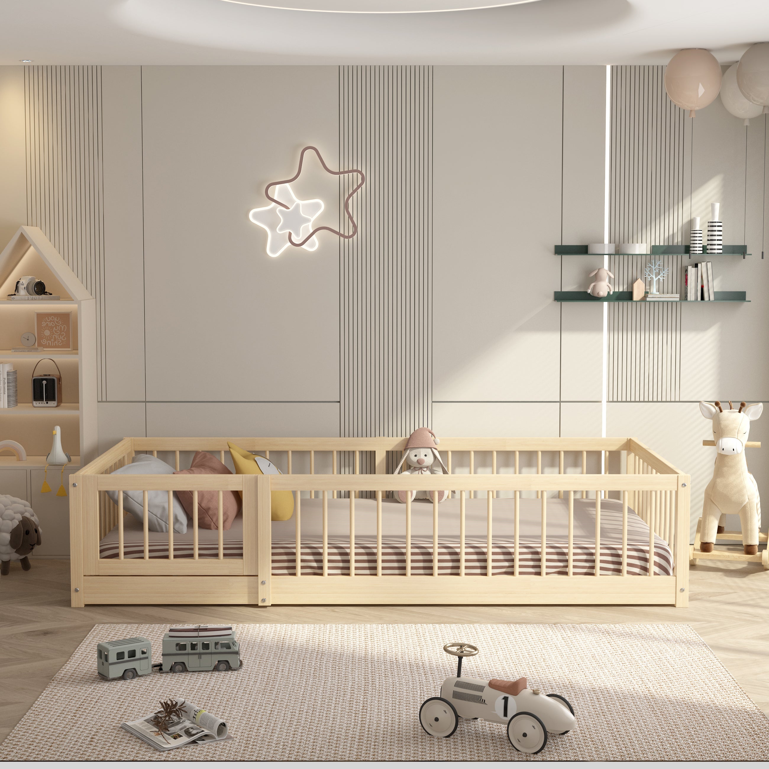 Olive Lucy Dream Raft Montessori natural twin floor bed with wooden frame and slatted design, suitable for children&