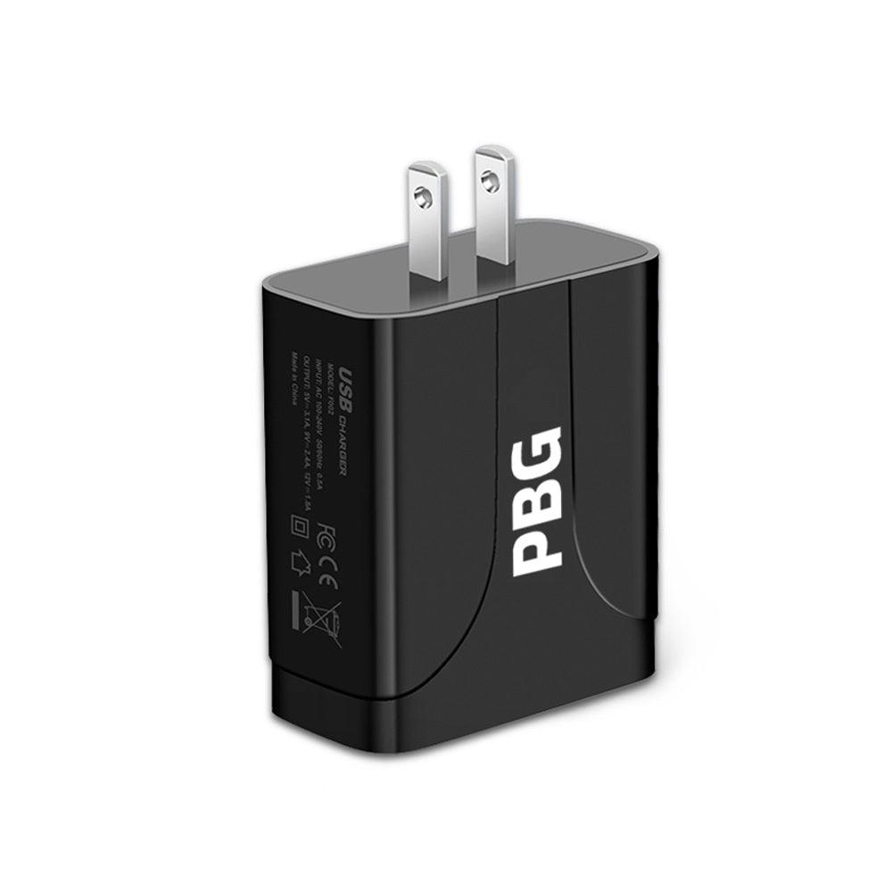 Fuchsia Electra 2-pack 5-port wall charger for mobile and laptop devices, shown with multiple charging ports and connected cables.
