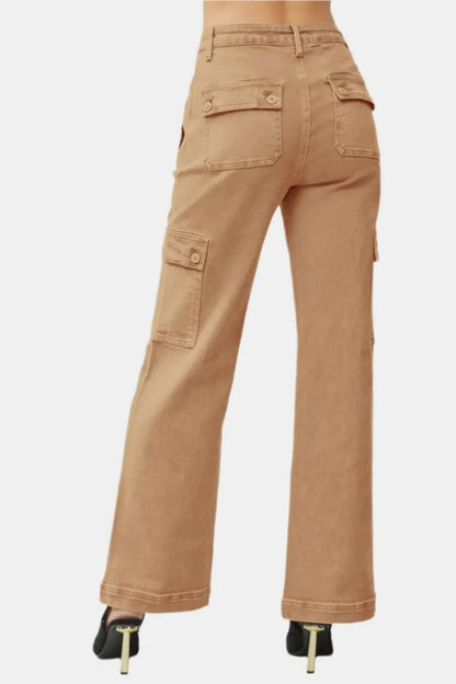 Pear Daisy Risen full size high rise wide leg cargo jeans with large side pockets, displayed on a hanger against a plain background.