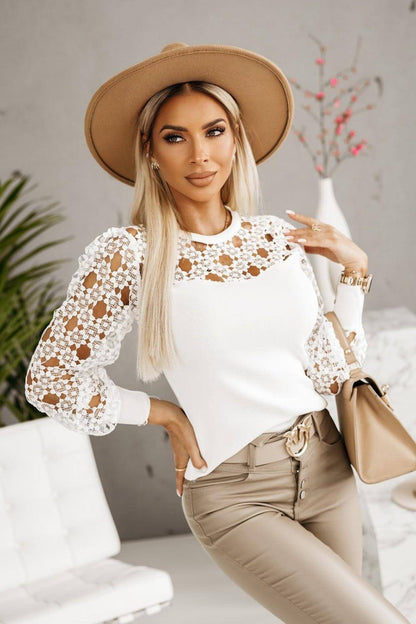 Carmine Juneberry Hollow Out Elegance lace patchwork long sleeve T-shirt, stylish tops &amp; blouses with intricate lace details.