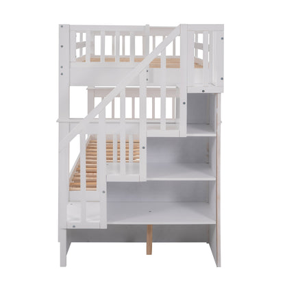 Sangria Beech Twin-Over-Twin bunk bed with three drawers, wooden furniture for bedroom or dorm, featuring safety rails and ladder