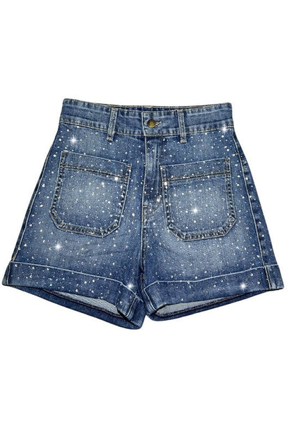 Willow Rhinestone Denim Shorts in medium wash by Jade Icarus, featuring rhinestones and denim fabric, suitable for automotive styling.