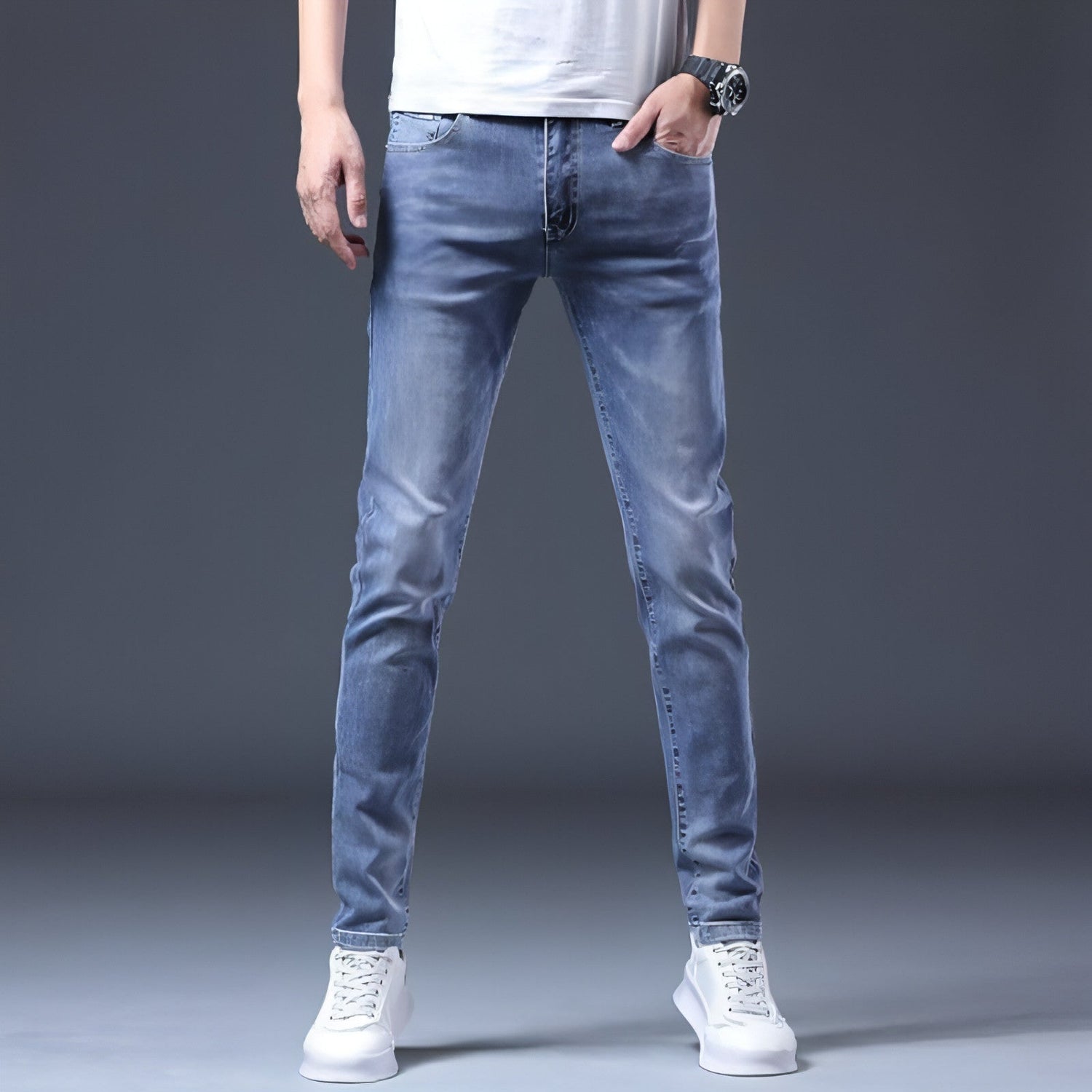 Carmine Juneberry UrbanEase™ blue jeans for men, stylish denim pants with classic fit and detailed stitching.